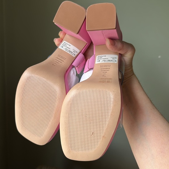 Schutz Ariella Pink Rosa PVC Block Heel Y2K Sandal Open Toe Clear Straps New - Picture 10 of 17